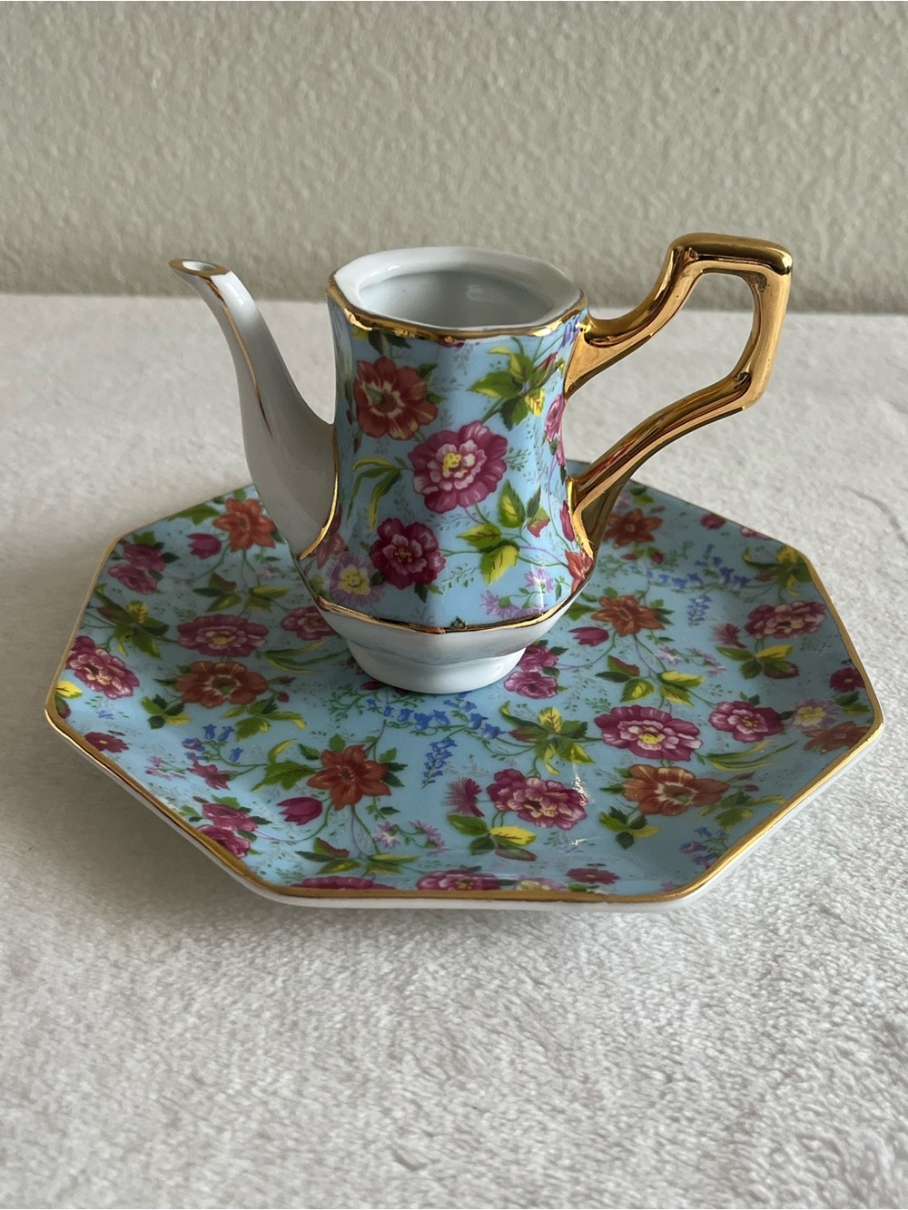 Formalities Floral Creamer and Saucer Set - Blue with Gold Trim